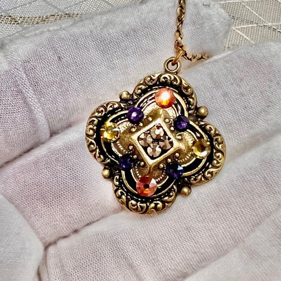 Ann Koplik Gaelsong Quatrefoil Crystal Pendant Necklace, VTG Irish Jewelry - Picture 5 of 12